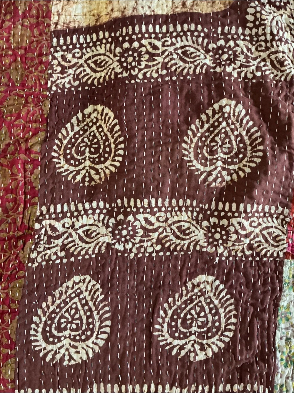 Tantha Handcrafted Patchwork Quilt Throw in Teal, Red, Brown and Cream